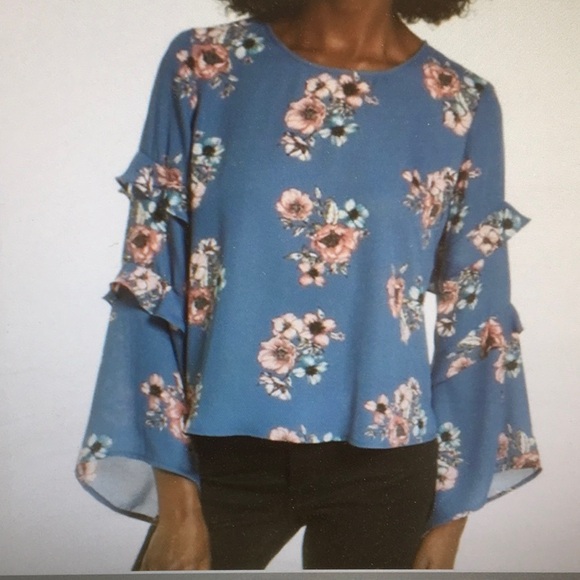 Lush Tops - LUSH/SLATE BLUEwPINK ROSES 2 TIERED RUFFLE SLEEVES/NEW